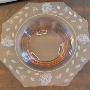 Vintage Pink Etched Glass Bowl Octagon Floral Roses Leaves Footed 12"